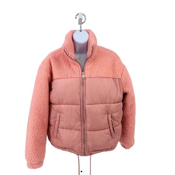 Forever 21 Zip Up Pink Fleece Puffer Sherpa Bubble Coat WMNS M Mock Neck Winter - Picture 1 of 8